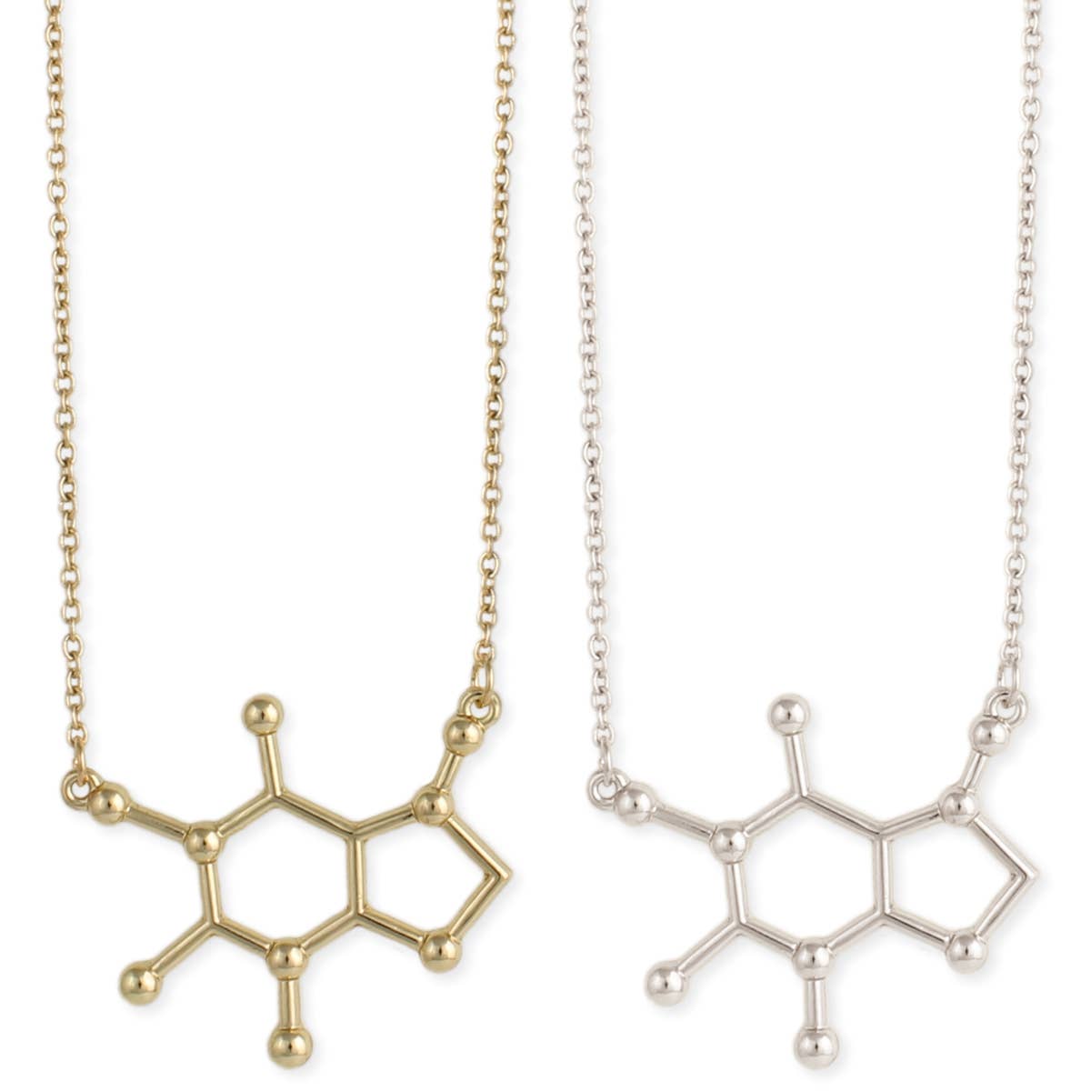 Chemical Reactions Caffeine Molecule necklace, a stylish and unique jewelry piece for coffee and science lovers.