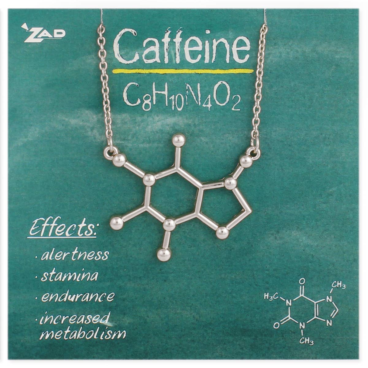 Chemical Reactions Caffeine Molecule necklace, a stylish and unique jewelry piece for coffee and science lovers.