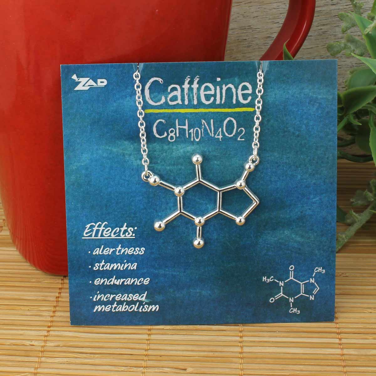 Chemical Reactions Caffeine Molecule necklace, a stylish and unique jewelry piece for coffee and science lovers.