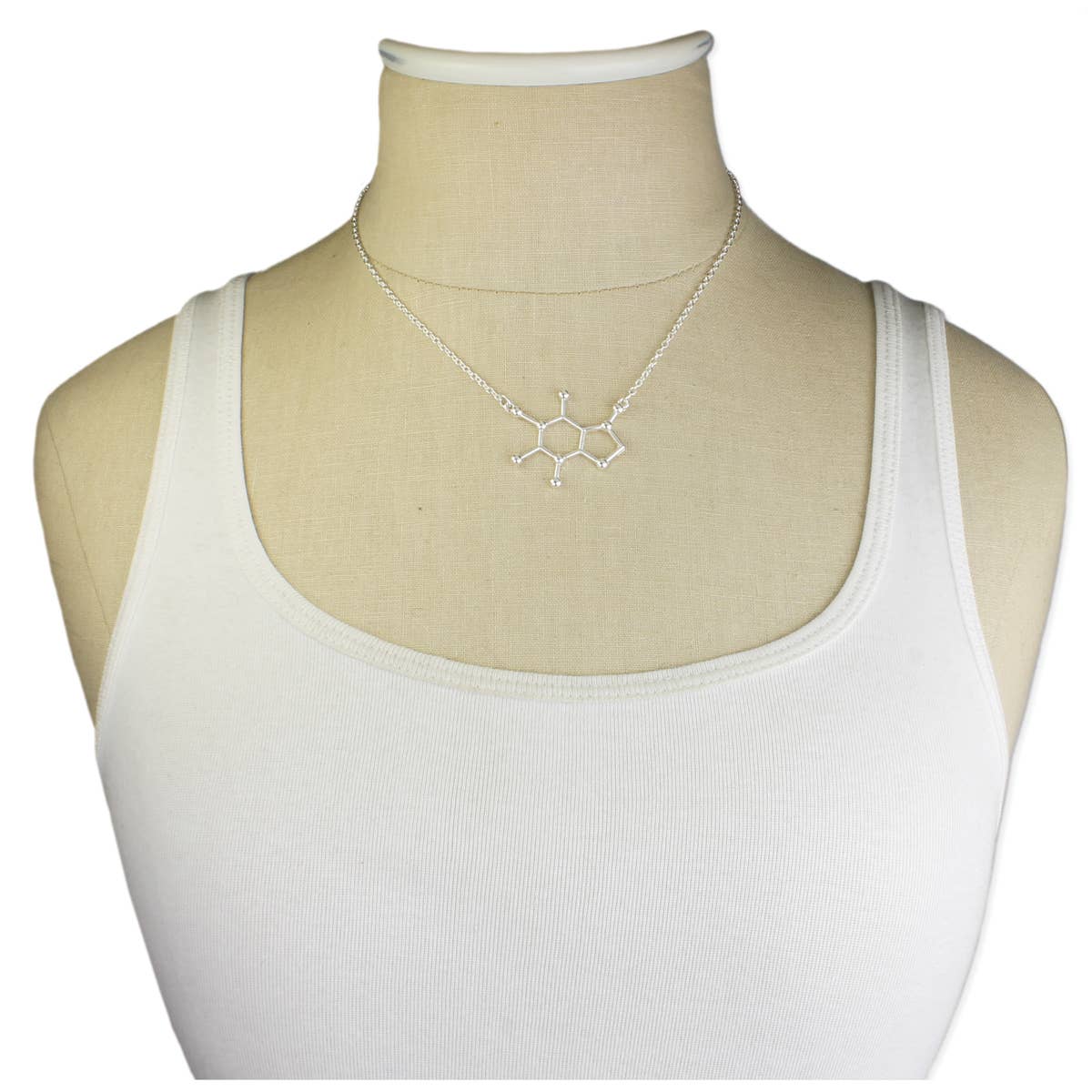 Chemical Reactions Caffeine Molecule necklace, a stylish and unique jewelry piece for coffee and science lovers.