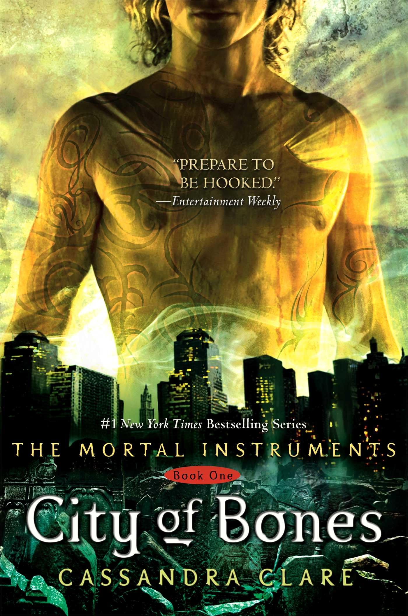 Cover of City of Bones by Cassandra Clare, the first book in The Mortal Instruments series, featuring an urban fantasy setting.