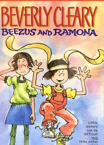 Front cover of Beezus and Ramona by Beverly Cleary, featuring an illustration of Ramona hopping while wearing bunny ears, while Beezus looks bewildered at her.