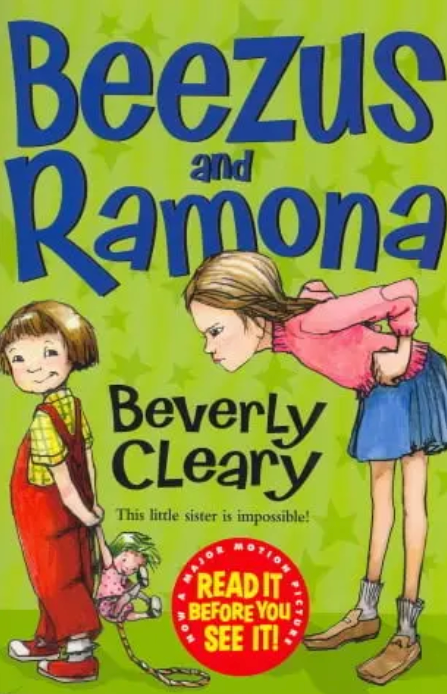 Front cover of Beezus and Ramona by Beverly Cleary, featuring an illustration of Ramona smiling mischievously while Beezus looks at her angrily.