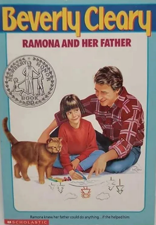 Front cover of Ramona and Her Father by Beverly Cleary, featuring Ramona smiling with her father sitting beside her.