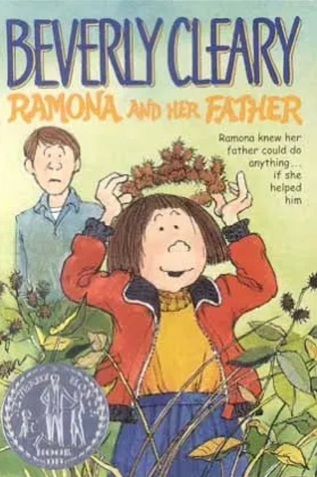 Front cover of Ramona and Her Father by Beverly Cleary, featuring Ramona in a field of flowers.