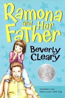 Front cover of Ramona and Her Father by Beverly Cleary, featuring Ramona smiling while sitting on her father's shoulders.