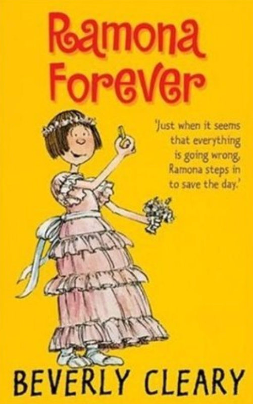 Front cover of Ramona Forever by Beverly Cleary, featuring Ramona smiling brightly in a fancy party dress.
