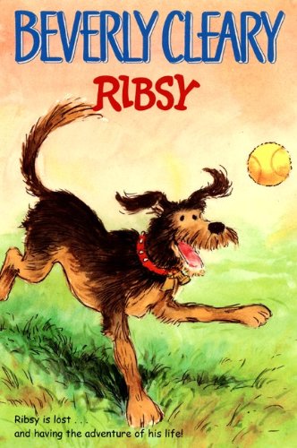 Front cover of Ribsy by Beverly Cleary, featuring Ribsy the dog sitting on a sidewalk with a playful and curious expression
