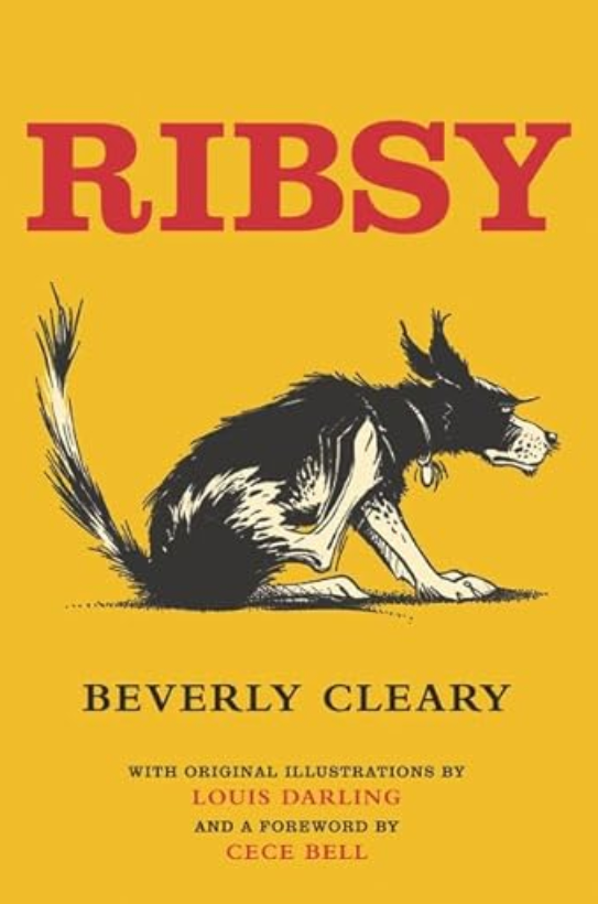 Front cover of Ribsy by Beverly Cleary, featuring Ribsy the dog sitting on a sidewalk with a playful and curious expression