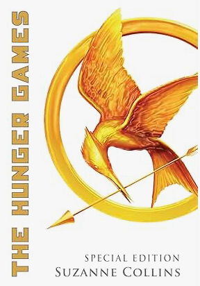 Cover of The Hunger Games by Suzanne Collins, featuring a gold mockingjay pin against a black background.