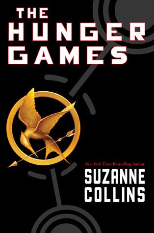 Cover of The Hunger Games by Suzanne Collins, featuring a gold mockingjay pin against a black background.