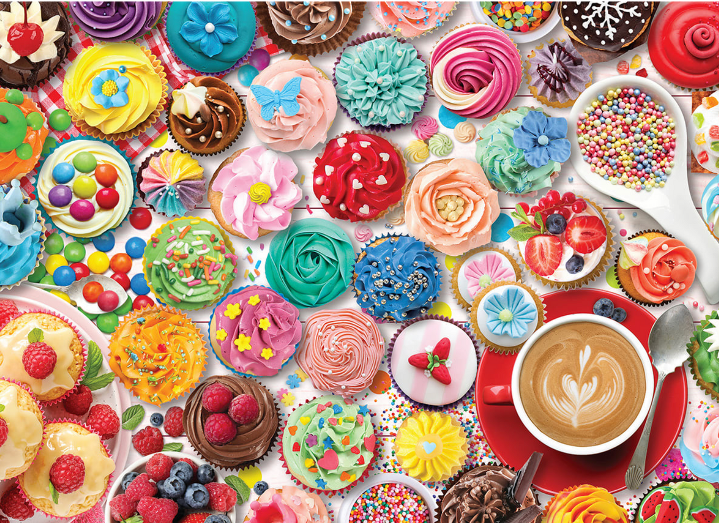 Cupcake Party 1000-piece jigsaw puzzle in decorative pink storage tin featuring colorful cupcakes, desserts, candy, and coffee.