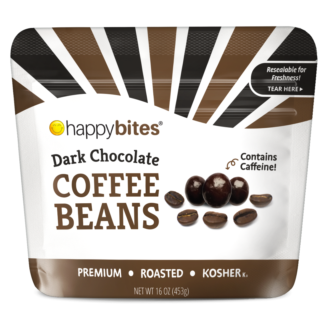 Bag of Happy Bites Dark Chocolate Coffee Beans, featuring rich, glossy coffee beans coated in smooth dark chocolate.