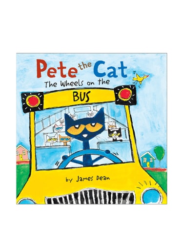 Cover of Pete the Cat, The Wheels on the Bus Board Book by James Dean and Kimberly Dean, a fun and colorful children's book featuring Pete the Cat on a musical adventure.
