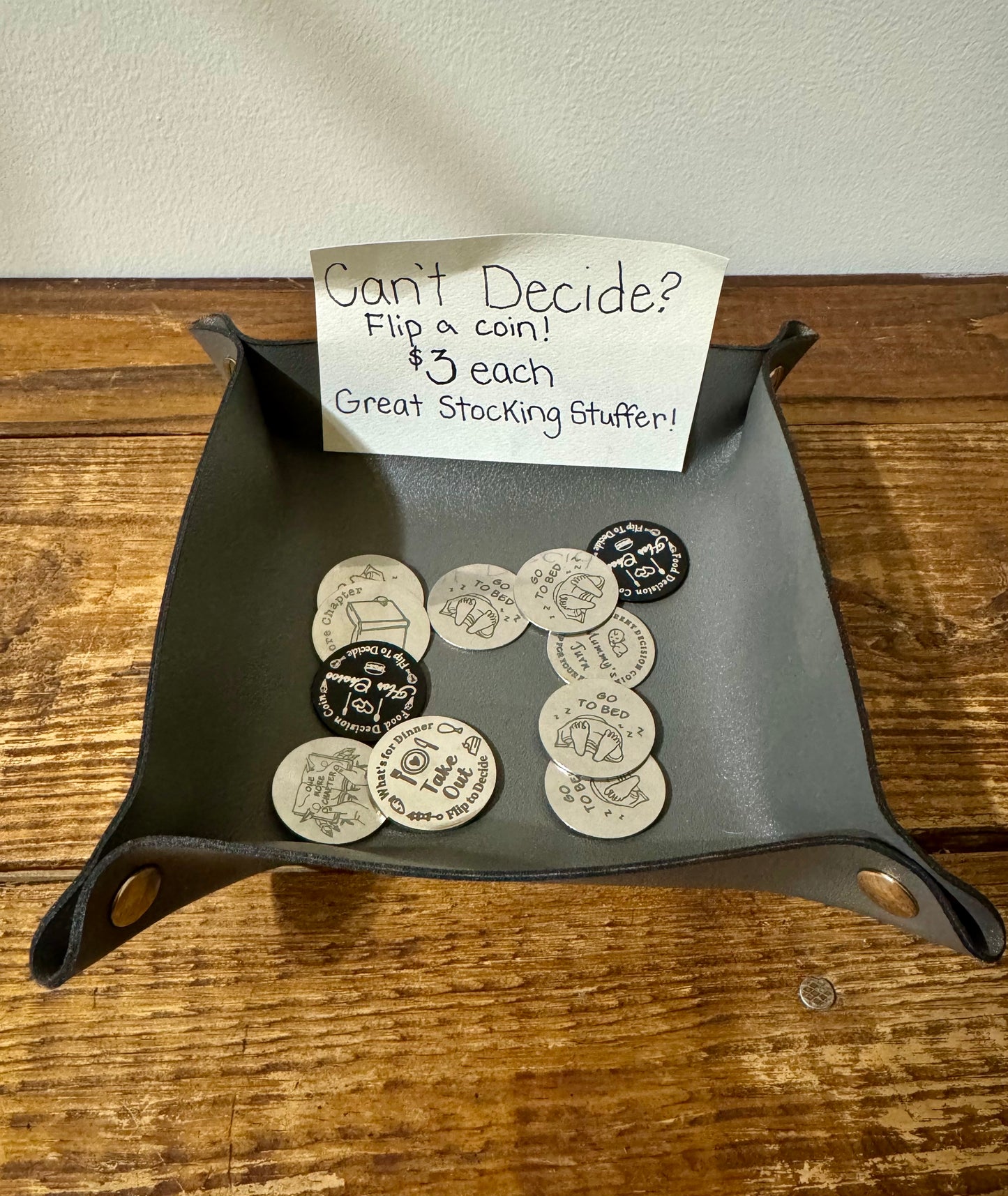 A shiny decision-making coin featuring “Yes” on one side and “No” on the other, placed on a wooden surface.
