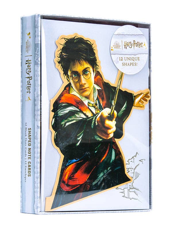Deluxe Harry Potter die-cut note card set featuring 12 intricately designed cards and envelopes with magical Wizarding World themes.