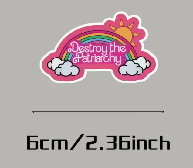 Destroy the Patriarchy rainbow sticker with retro pink feminist design and size reference measuring approximately 6 centimeters wide