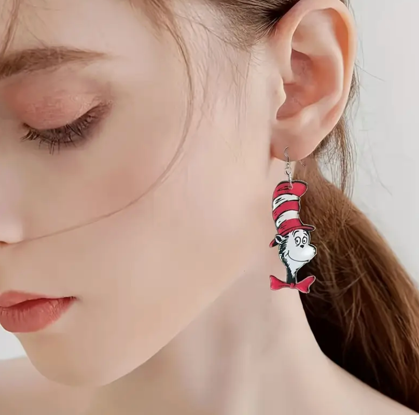 Acrylic Cat in the Hat earrings, lightweight and colorful, perfect for Read Across America, teachers, and book lovers
