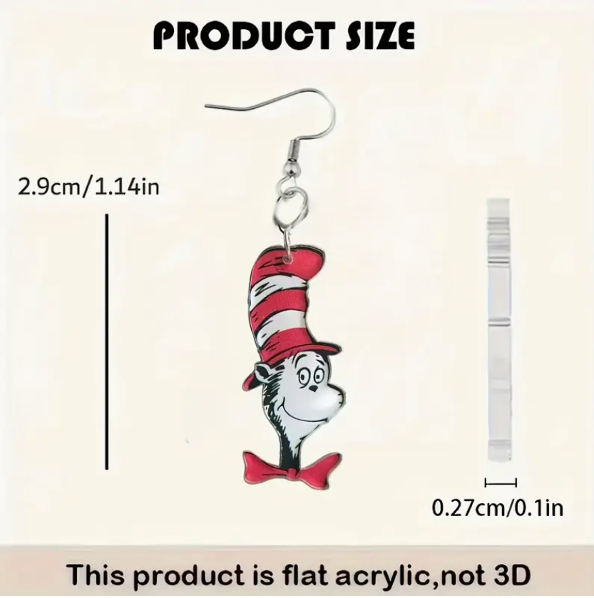 Acrylic Cat in the Hat earrings, lightweight and colorful, perfect for Read Across America, teachers, and book lovers