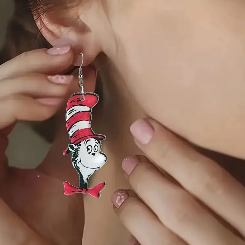 Acrylic Cat in the Hat earrings, lightweight and colorful, perfect for Read Across America, teachers, and book lovers
