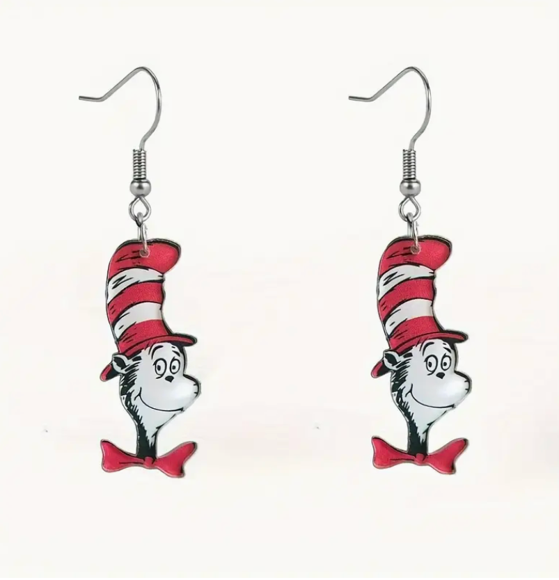 Acrylic Cat in the Hat earrings, lightweight and colorful, perfect for Read Across America, teachers, and book lovers