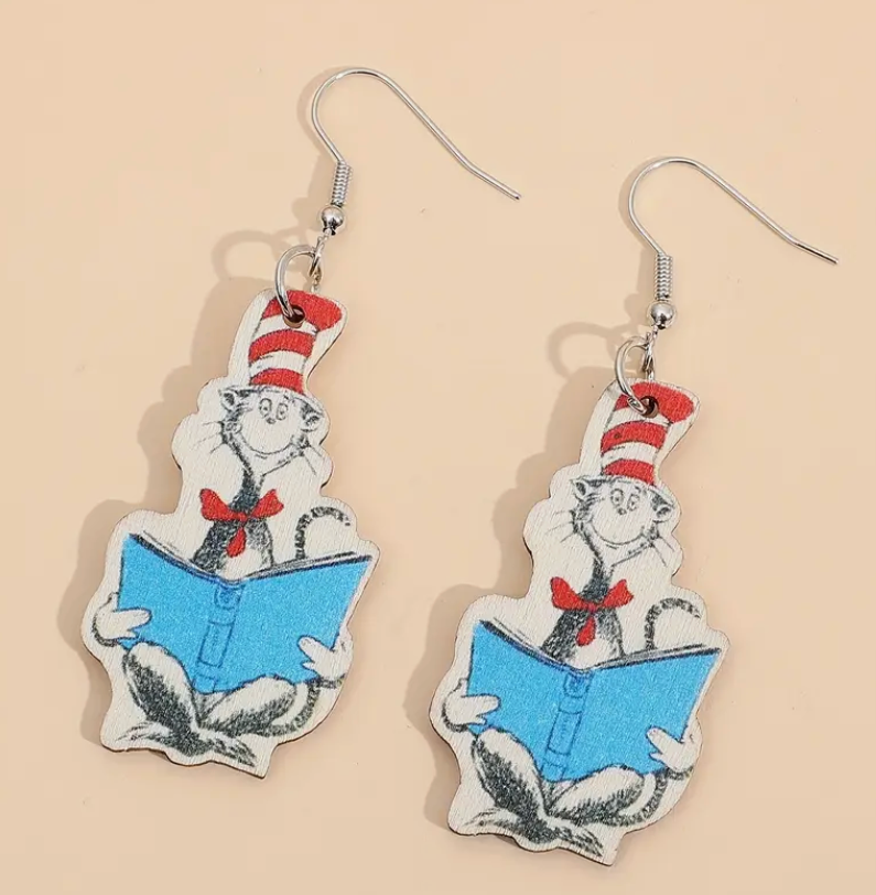 Wooden Cat in the Hat earrings with a bookish theme, perfect for Read Across America, teachers, and book lovers