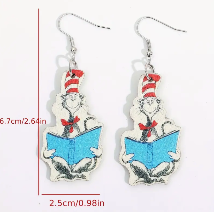 Wooden Cat in the Hat earrings with a bookish theme, perfect for Read Across America, teachers, and book lovers