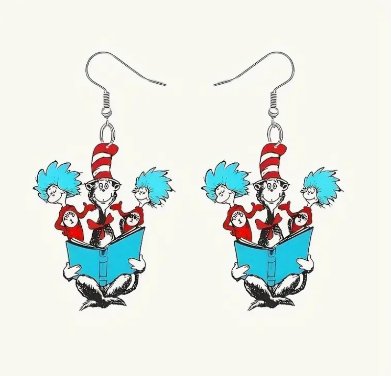 Acrylic earrings featuring Cat in the Hat with Thing 1 and Thing 2, colorful and lightweight, perfect for Read Across America, teachers, and book lovers