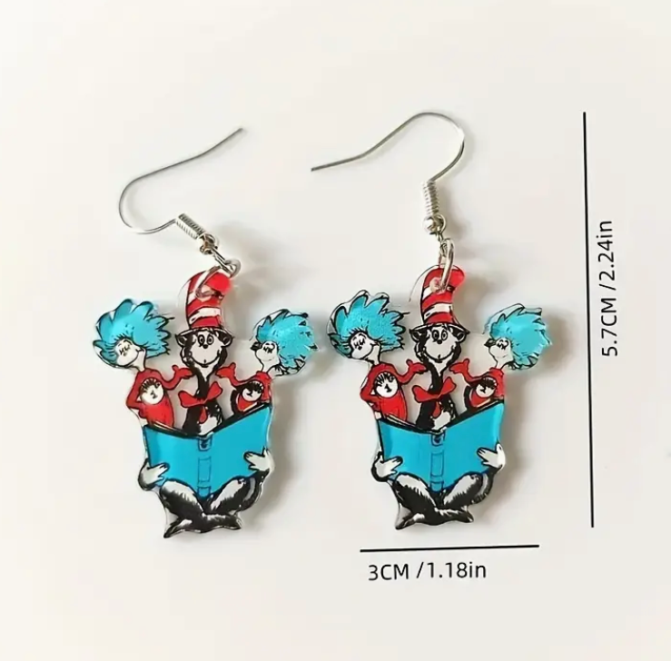 Acrylic earrings featuring Cat in the Hat with Thing 1 and Thing 2, colorful and lightweight, perfect for Read Across America, teachers, and book lovers