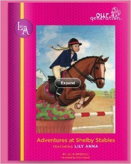 Book cover of 'Adventures at Shelby Stables' featuring a horse and rider on a pink background.
