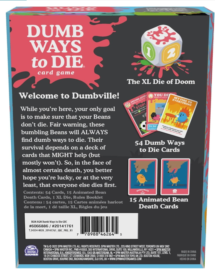 Back of the Dumb Ways to Die card game box showing included cards, XL die, gameplay details, and animated bean death cards