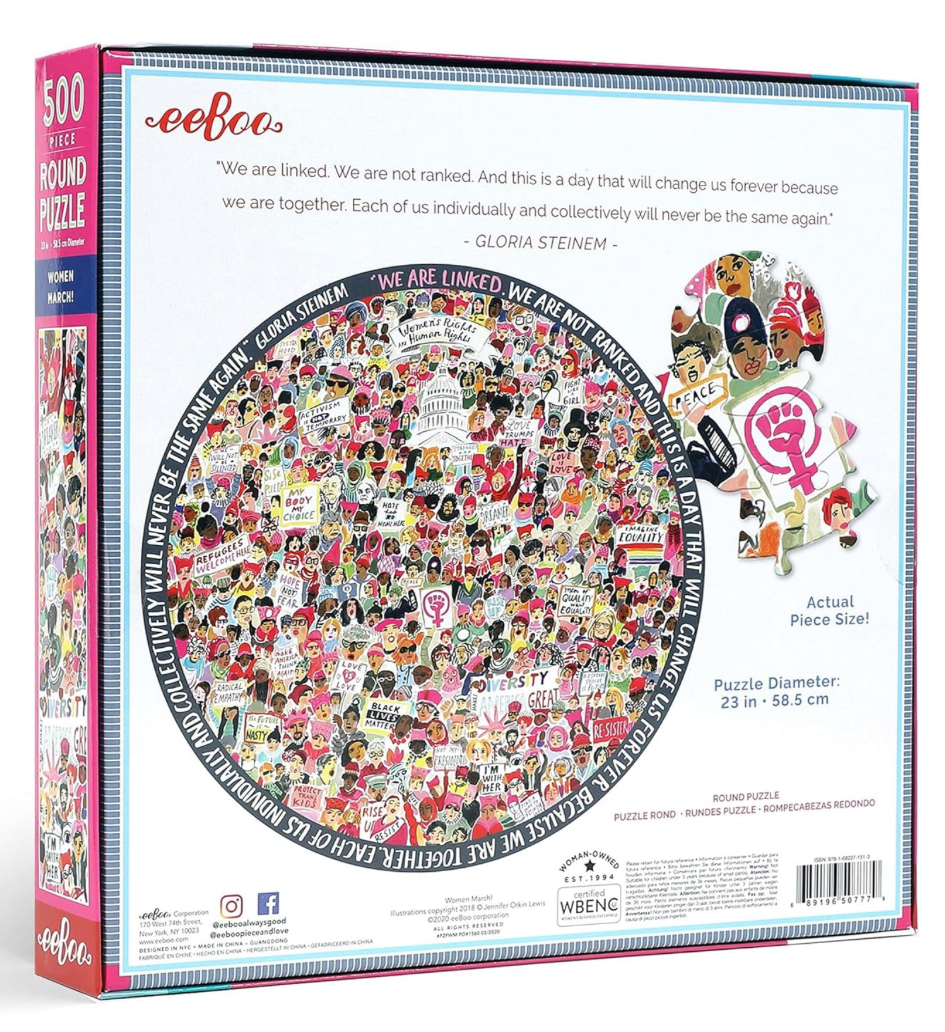 Back of the eeBoo Women March 500-piece round puzzle box showing completed image, puzzle size, and product information.
