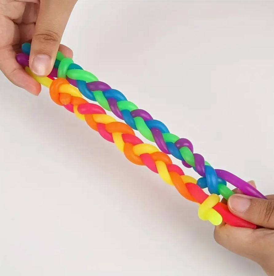 Mini elastic rope fidget toy in a random color, perfect for stretching, tying, braiding, and fidgeting for stress relief and focus.