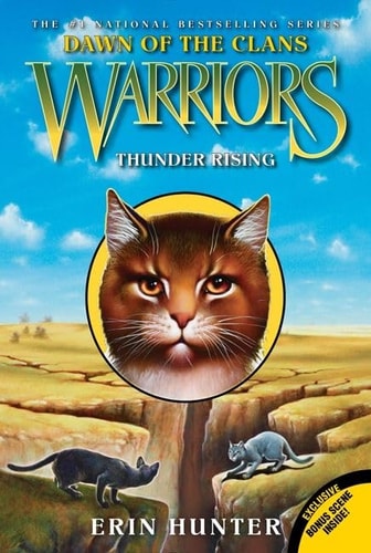 Warriors: Dawn of the Clans: Thunder Rising by Erin Hunter displayed on a bookshelf.