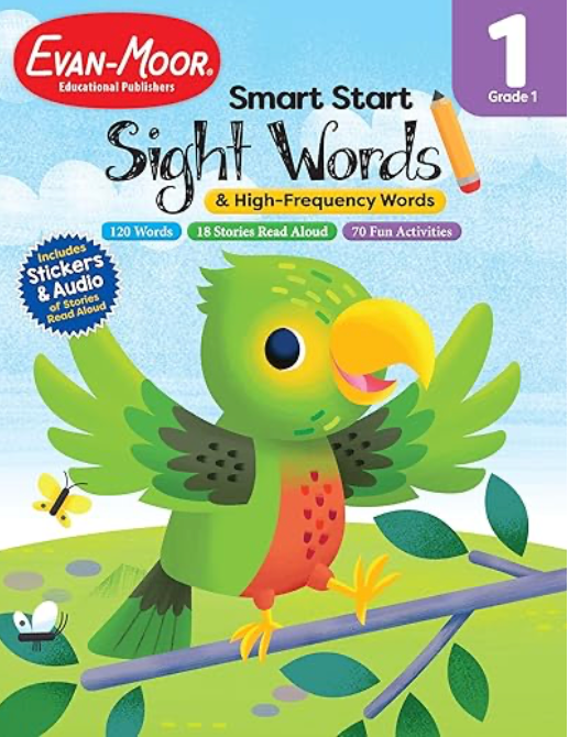 Cover of Smart Start: Sight Words & High-Frequency Words, Grade 1 by Evan-Moor, featuring colorful illustrations of animals and playful typography designed for early readers.