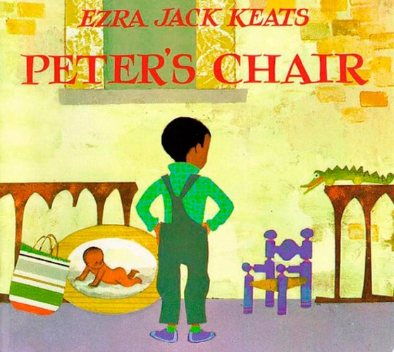 Book cover of 'Peter's Chair' by Ezra Jack Keats, featuring a child in green overalls looking at a baby in a crib.