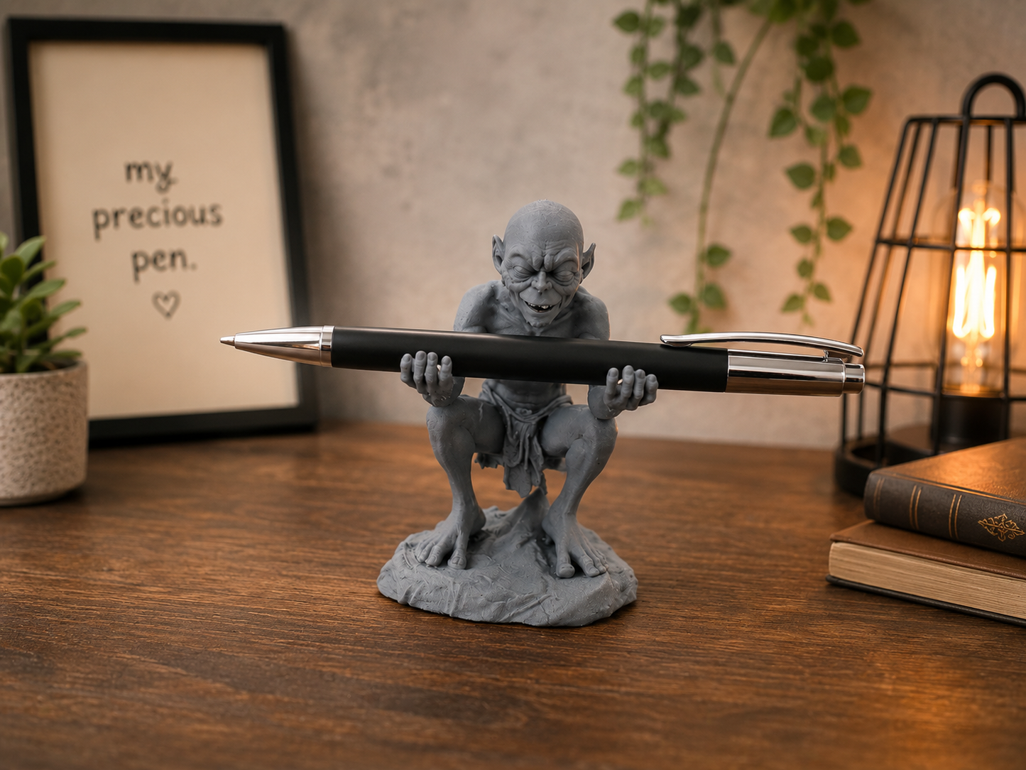 Detailed 3D printed pen stand designed for fantasy fans and readers displayed with books and lantern lighting