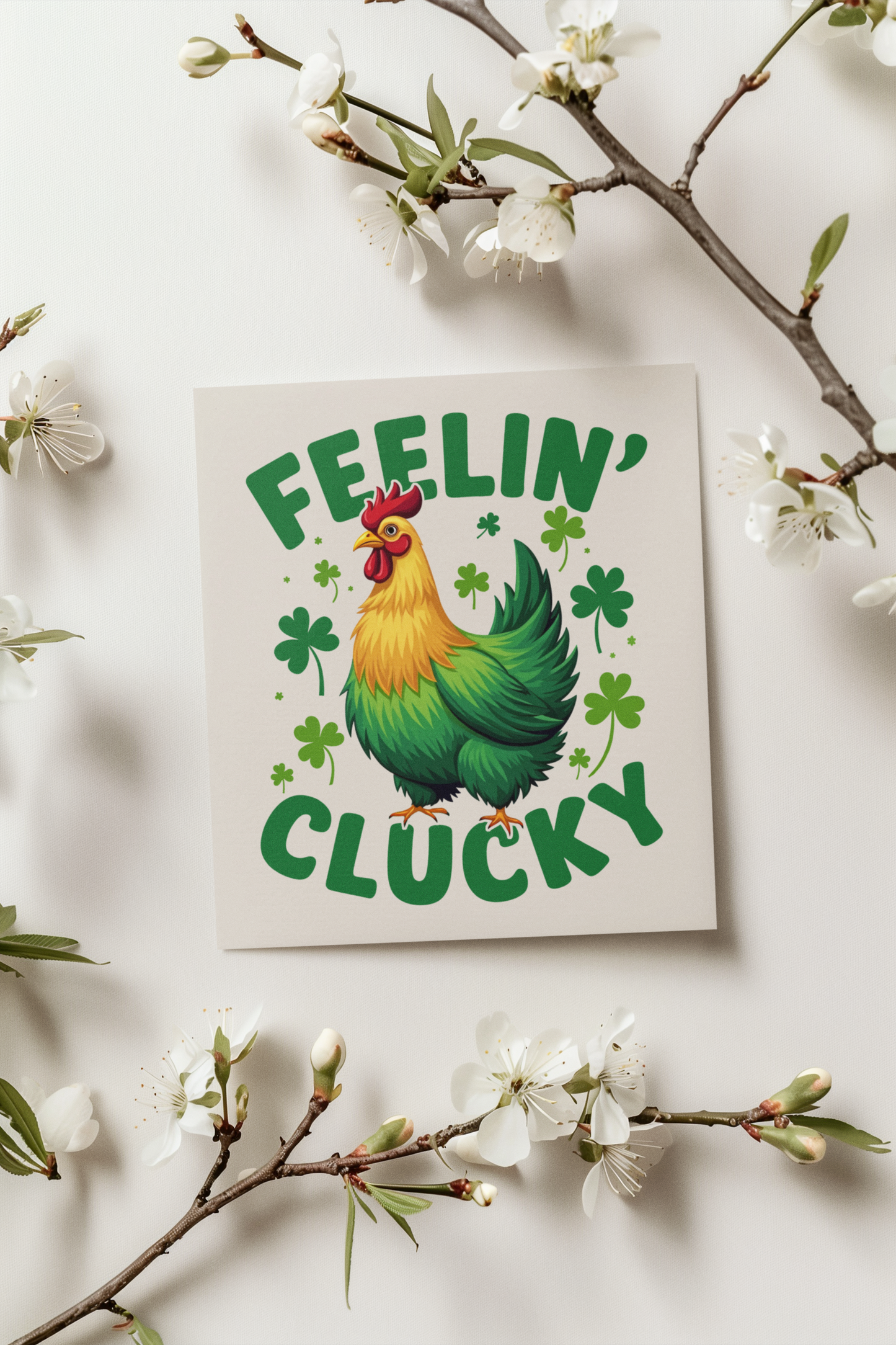 A fun and festive St. Patrick’s Day postcard featuring a cheerful chicken and the phrase Feelin’ Lucky, perfect for spreading holiday cheer.