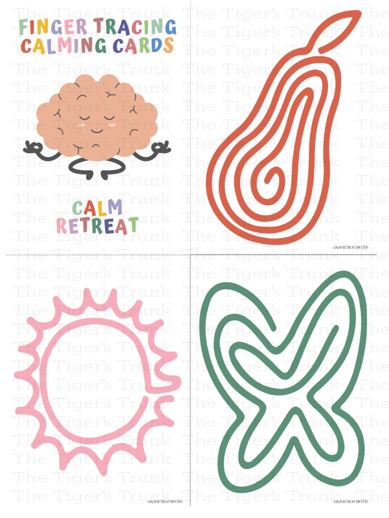 Packet of calming cards with finger tracing designs for kids, shown with paths and shapes for anxiety relief