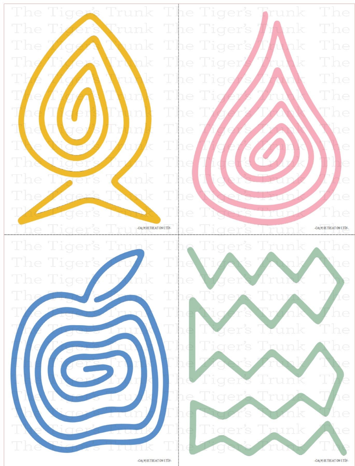 Packet of calming cards with finger tracing designs for kids, shown with paths and shapes for anxiety relief