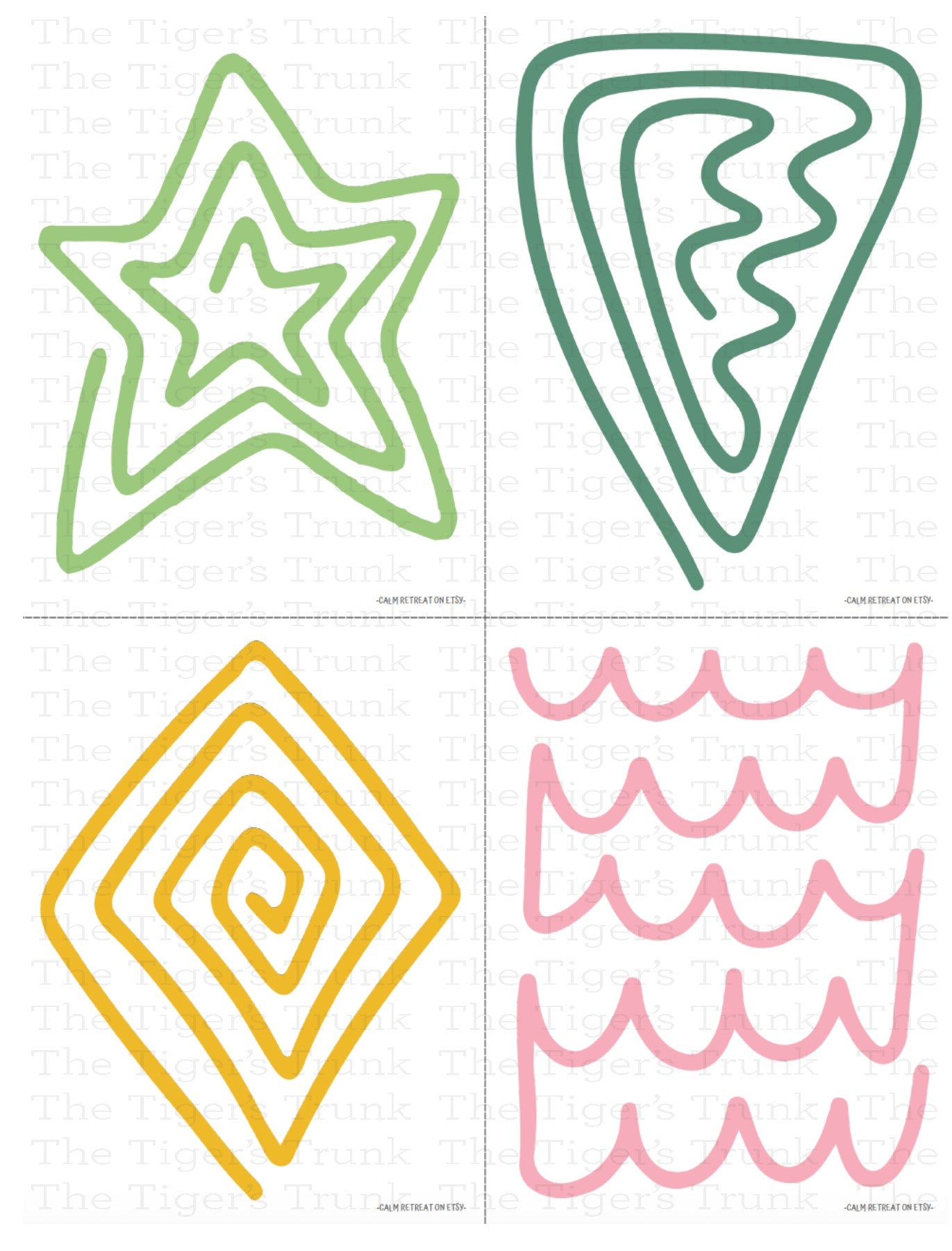Packet of calming cards with finger tracing designs for kids, shown with paths and shapes for anxiety relief