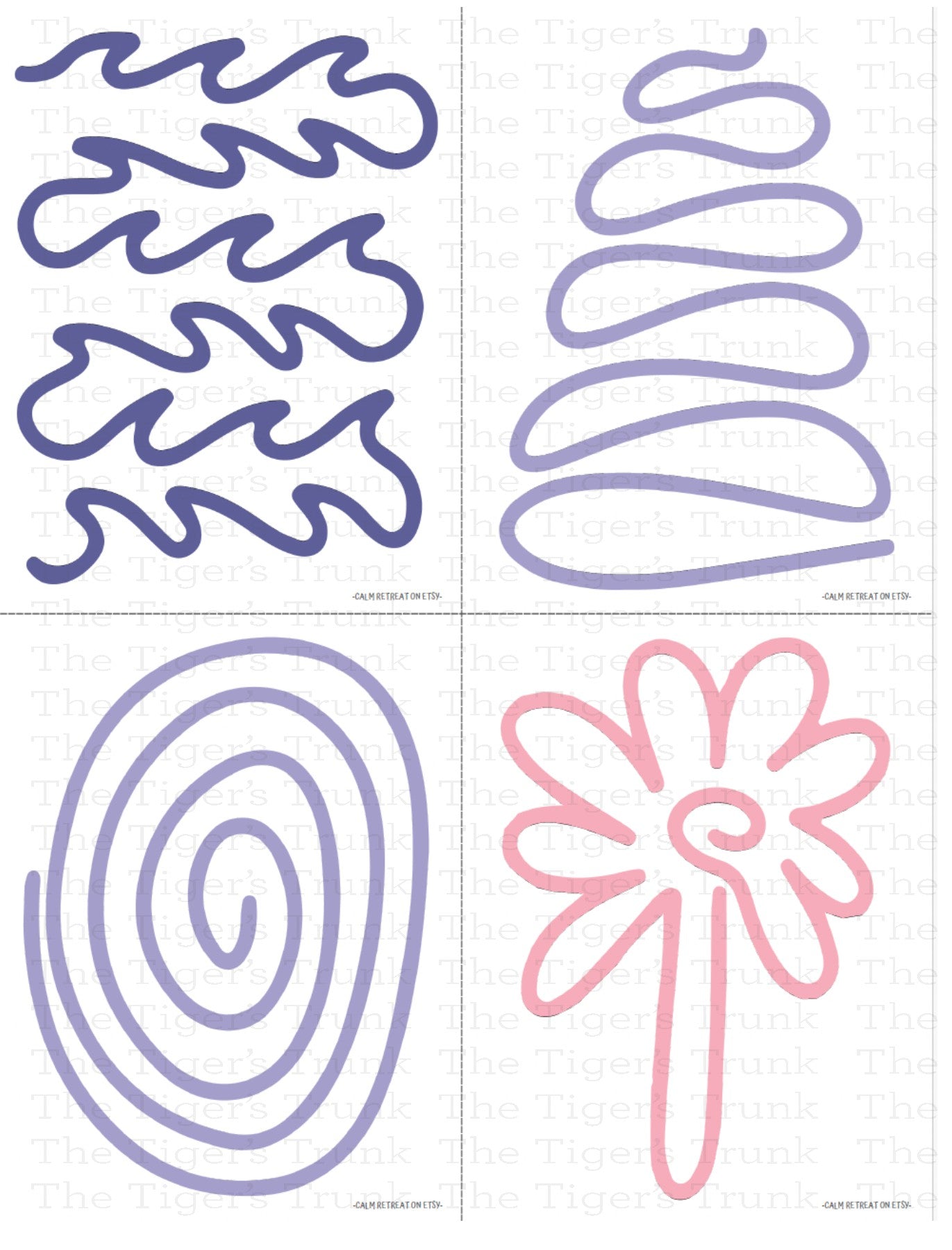 Packet of calming cards with finger tracing designs for kids, shown with paths and shapes for anxiety relief