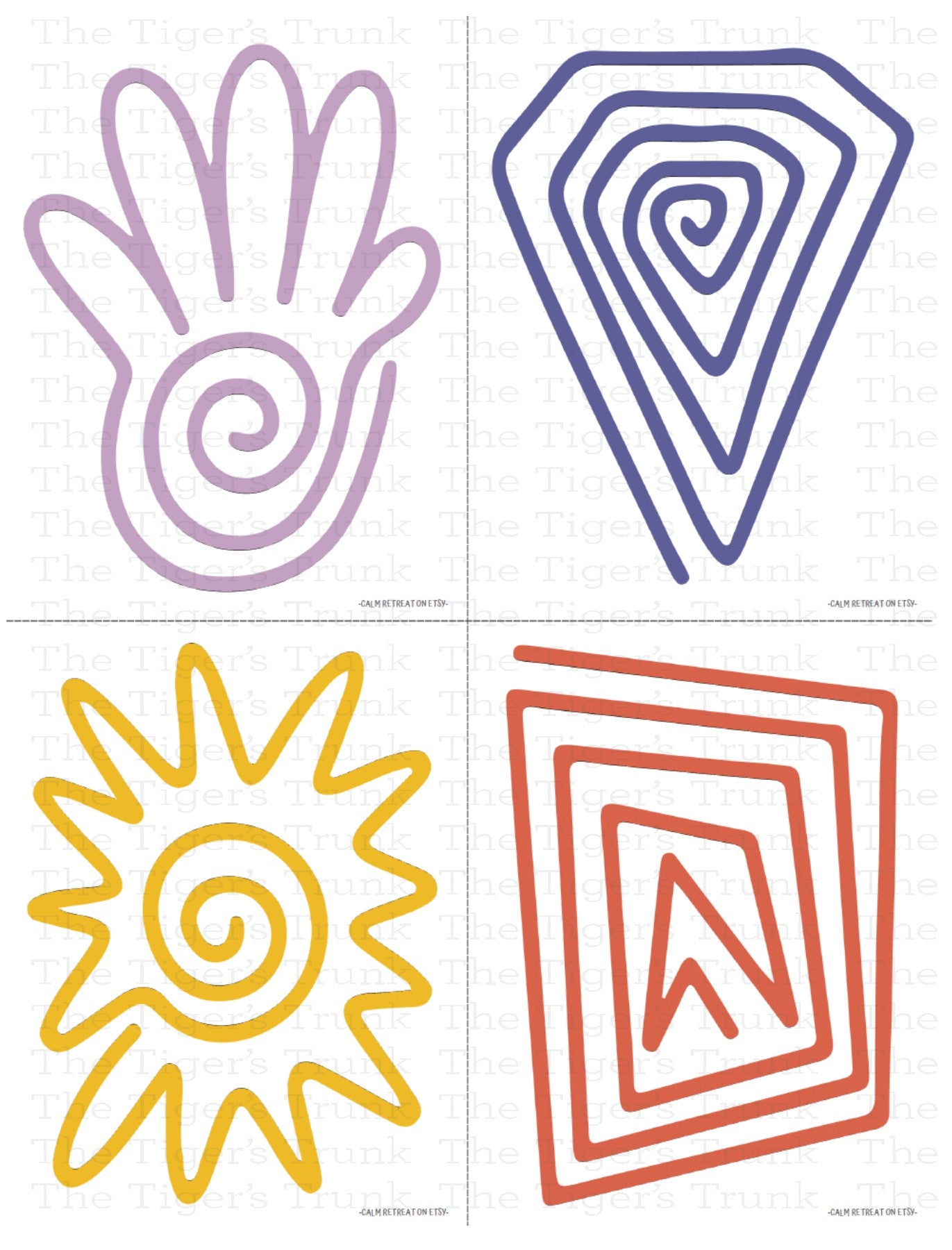 Packet of calming cards with finger tracing designs for kids, shown with paths and shapes for anxiety relief