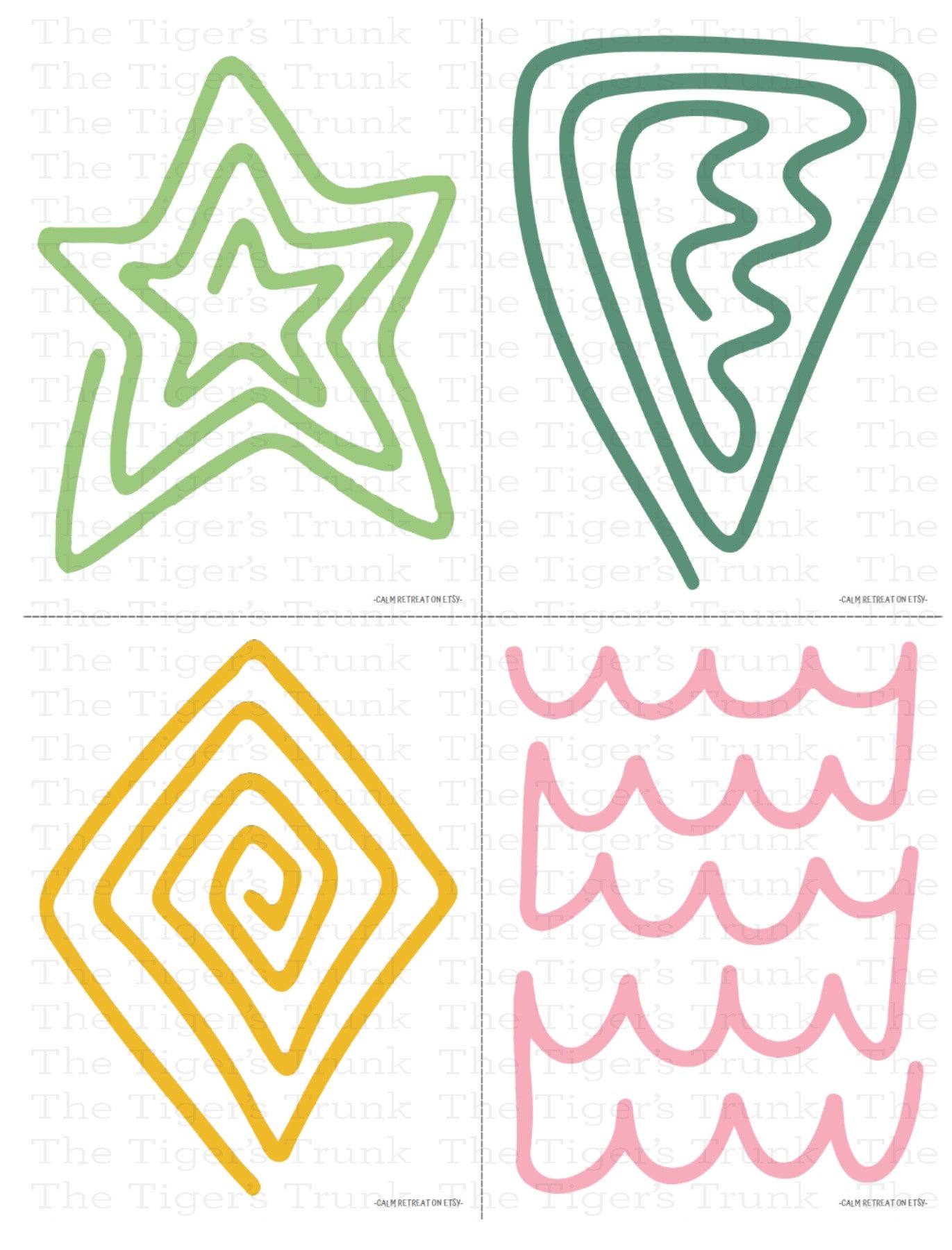 Packet of calming cards with finger tracing designs for kids, shown with paths and shapes for anxiety relief