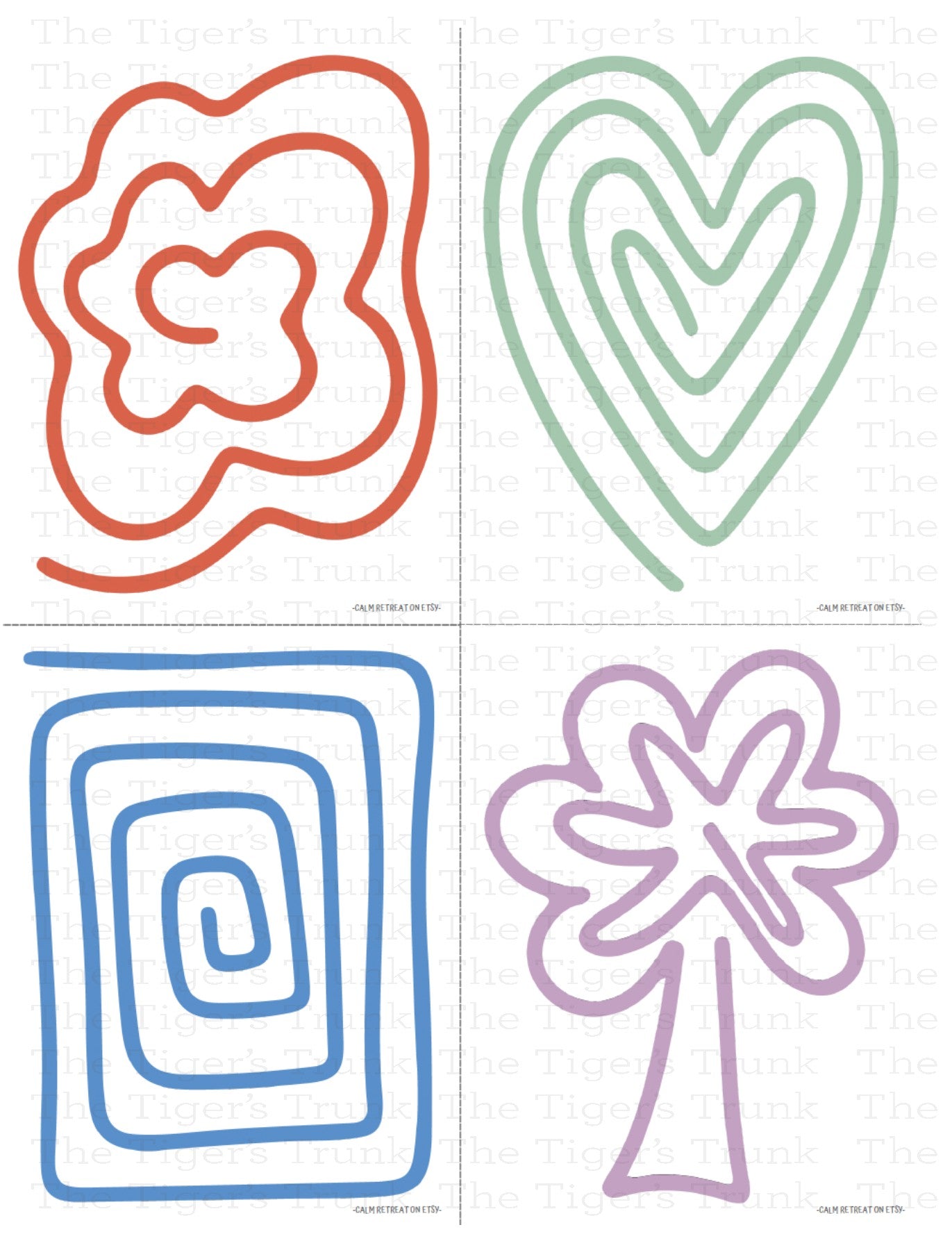 Packet of calming cards with finger tracing designs for kids, shown with paths and shapes for anxiety relief