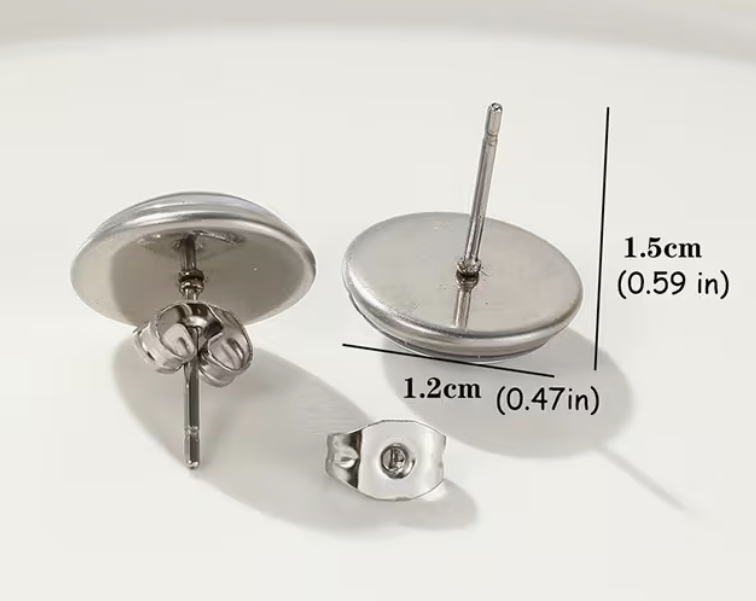 Silver-tone round glass stud earrings with post backs measuring approximately 0.59 inches tall and 0.47 inches wide