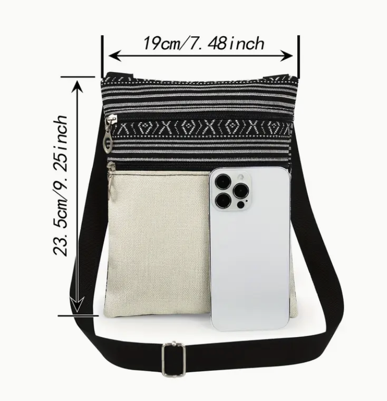 Crossbody bag with measurements on a white background