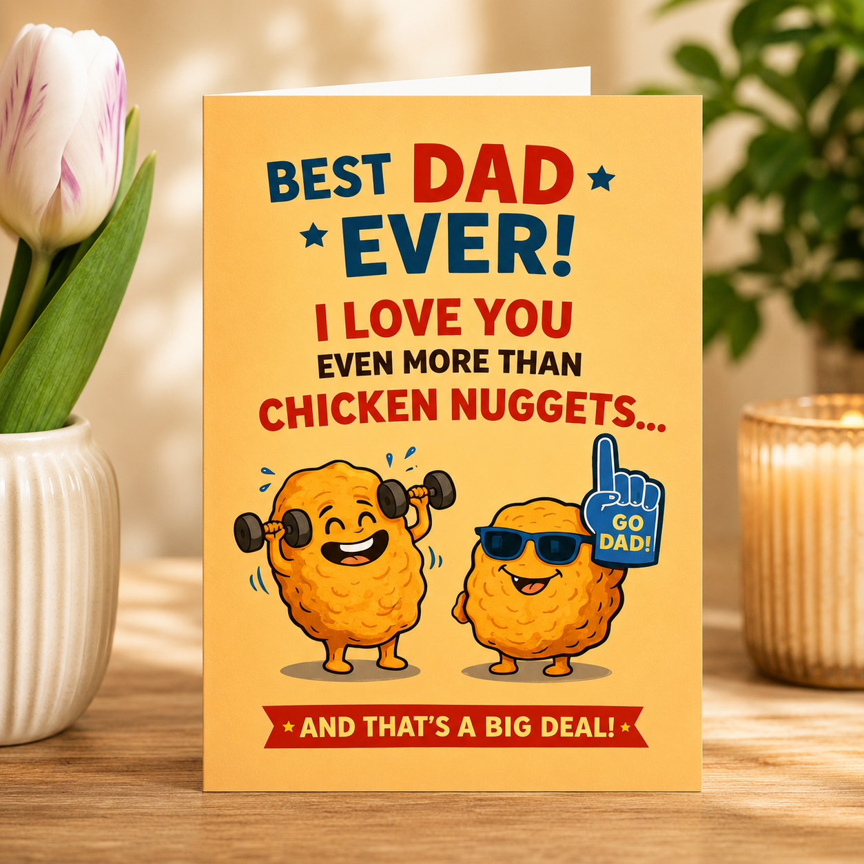 Funny Father's Day card featuring cartoon chicken nuggets and the message "Best Dad Ever! I Love You Even More Than Chicken Nuggets."