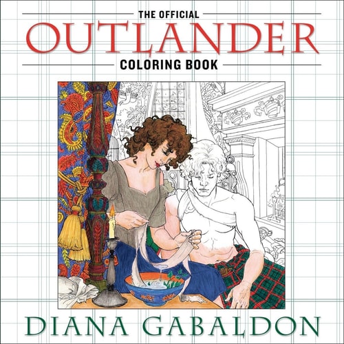 Cover of 'The Official Outlander Coloring Book' by Diana Gabaldon with illustrations and grid lines.