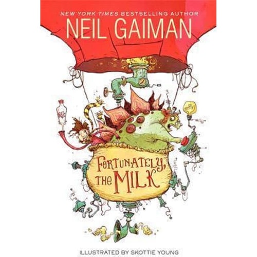 Neil Gaiman, Fortunately the Milk, children's literature, fantasy adventure, time travel, pirates, aliens, stegosaurus, humorous stories, Skottie Young, illustrated books, family tales, imaginative storytelling, wumpires, volcano god, breakfast mishaps, whimsical narrative, read-aloud books, middle-grade fiction, British humor, modern fairy tale, parent-child relationships, quirky characters, short novels, storytelling, creative plots, award-winning authors, lighthearted fiction, adventure stories, comedic